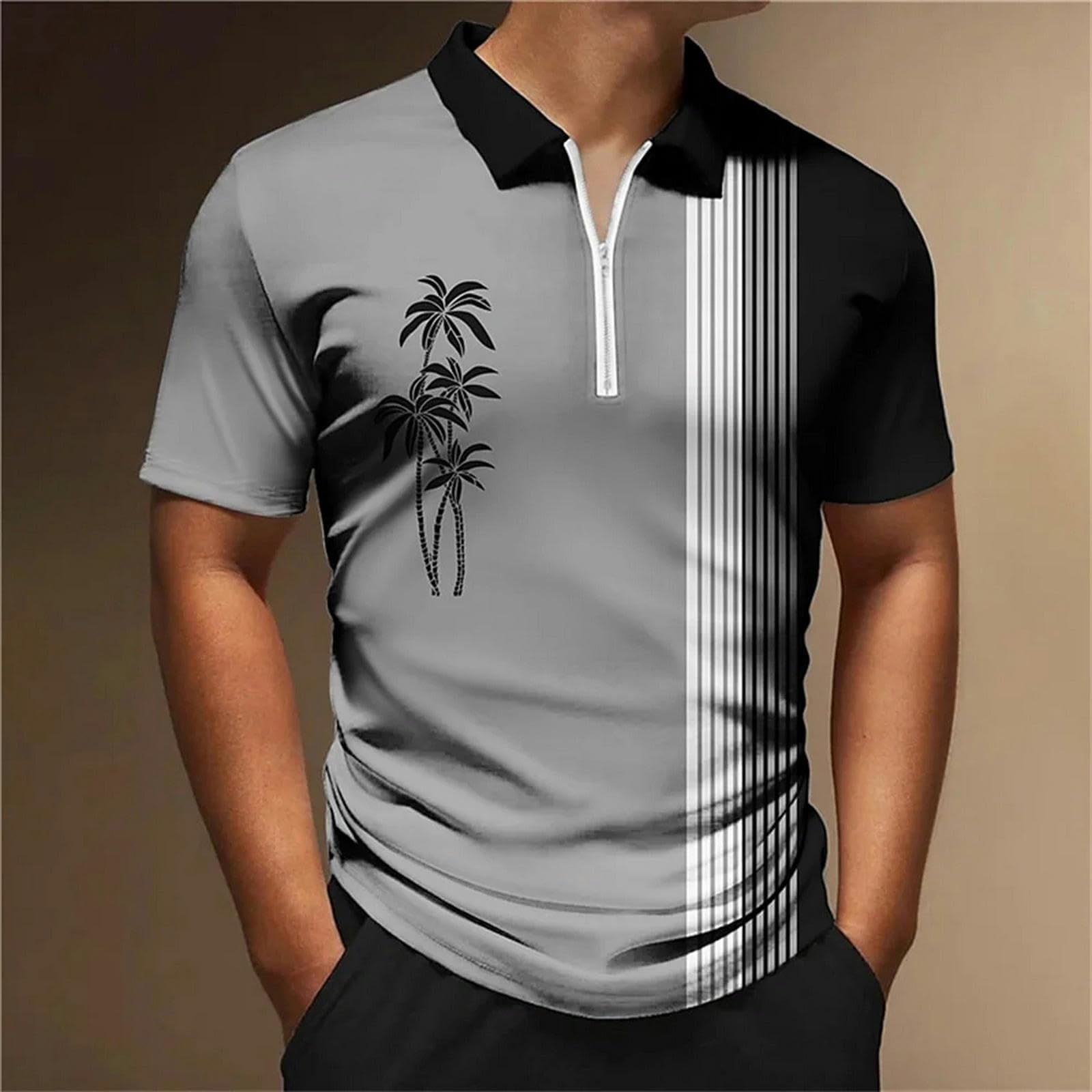 t-Shirt A Righe Uomo Estate Casual Uomo Manica Corta Top Semplice Zip-zh12099-3xl