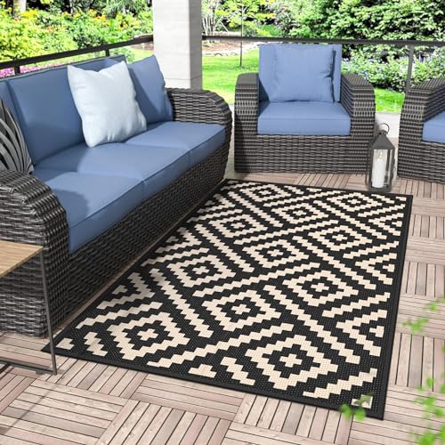 GENIMO Outdoor Rug 3'x5' Waterproof, Reversible Camping Mat, Plastic Straw Rugs for Patio, RV, Camper, Balcony, Backyard, Picnic, Deck (Black & Beige)