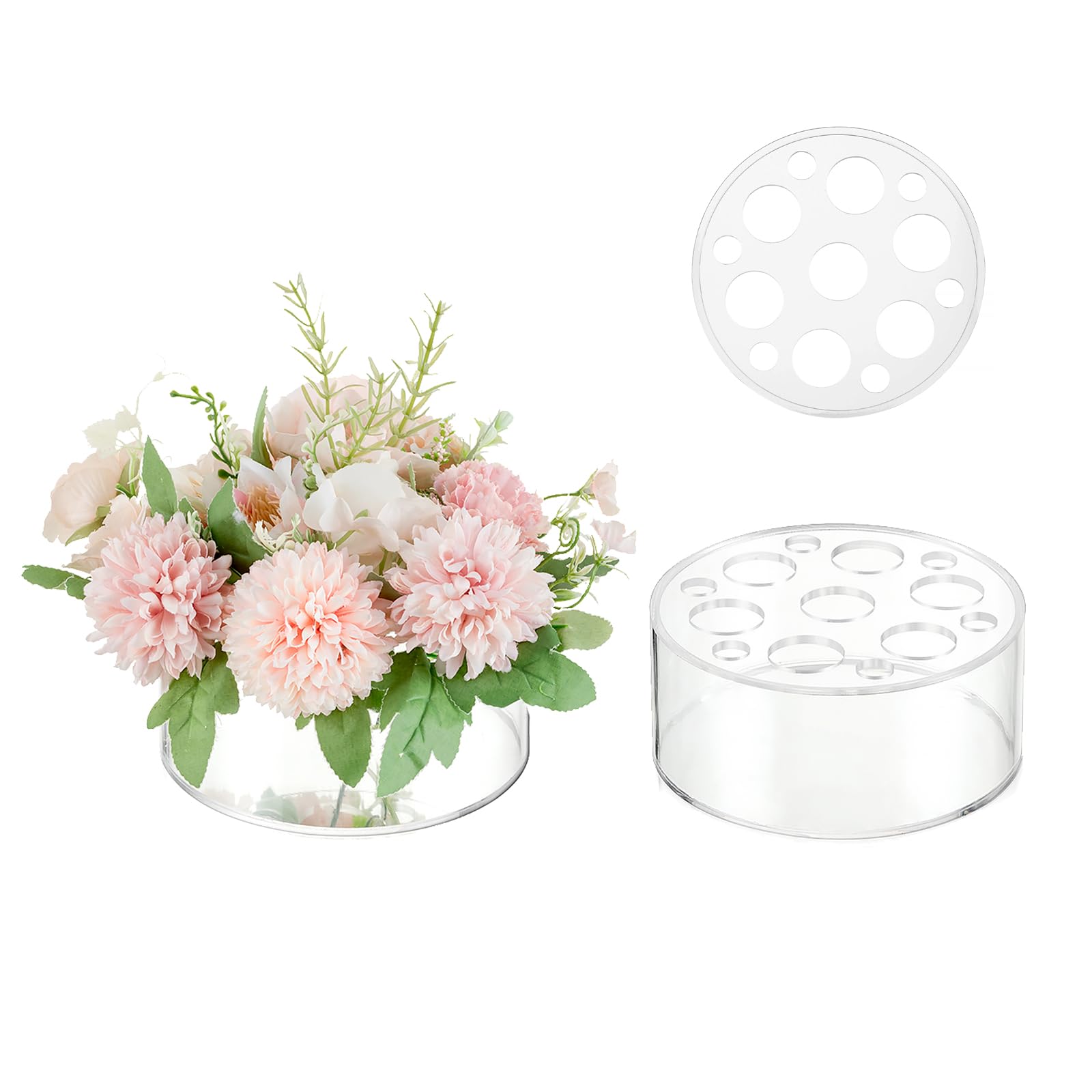 Glasseam Acrylic Flower Vase for Centerpieces: Set of 2 Wedding Party Dining Room Table Decorations, Cylinder Round Clear Vases with 13 Holes (5.9in)