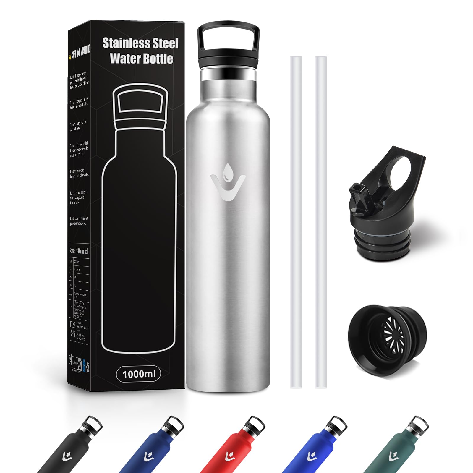 JAPORIA Borraccia Acciaio Inox 1L, Termos con Cannuccia, a prova di perdite, Riutilizzabile, senza BPA, Bottiglia per Uffici, Viaggio, Ciclismo