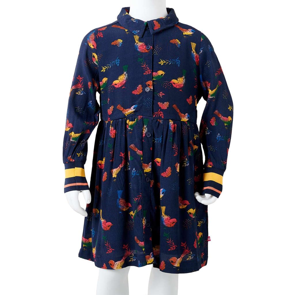 Vestido infantil de manga larga azul marino para niñas, adecuado para uso diario, cumpleaños, fiestas y vacaciones, de mezcla de viscosa y poliéster, transpirable, largo hasta la rodilla, con