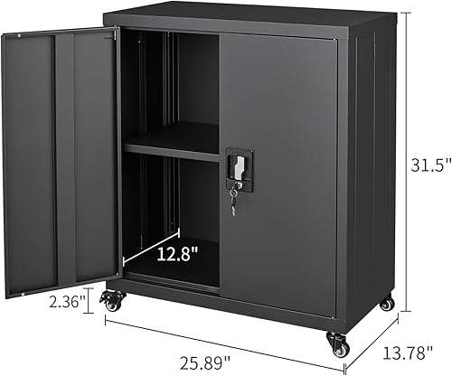 Vista 3 de GREATMEET Metal Rolling Cabinet with Wheels, Mobile Metal Storage Cabinet with Adjustable Shelf, Locking Metal Garage Tools Cabinet for Home Office