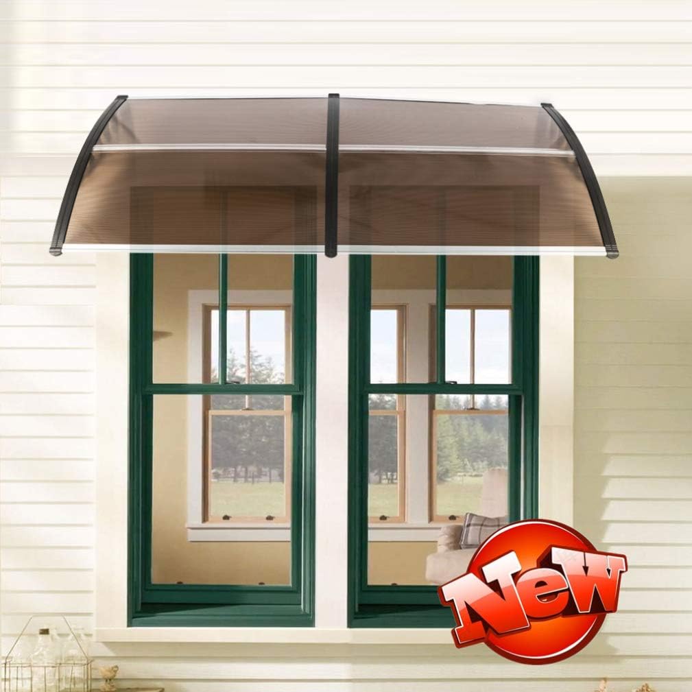 Jresboen Updated Window Awnings Exterior with Thicken ABS Curved Brackets, Brown PC Board and 3 Aluminum Fixing Bars Outdoor Window Awning Door Canopy Awning Rain Shelter Window Canopy (40 x 80)
