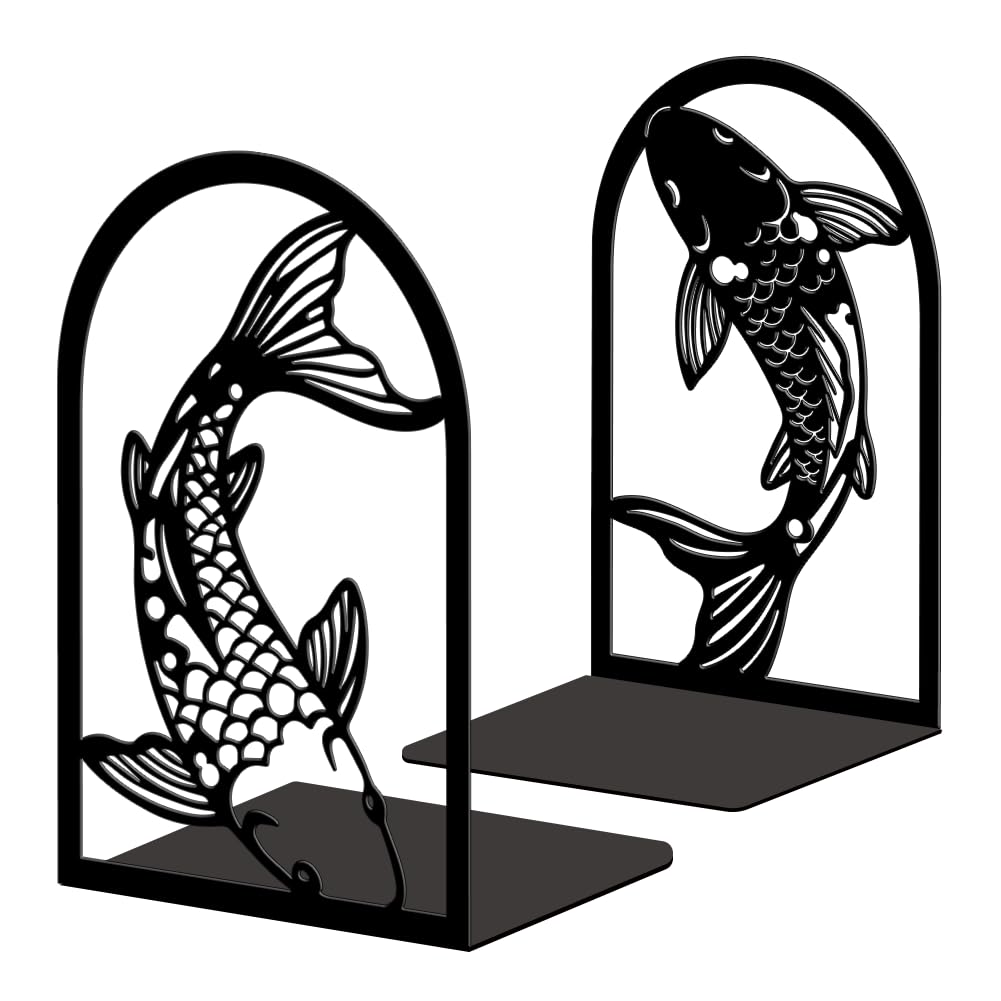 Peacoblue Lot de 2 Serre-Livres Métal Koï Noir Et Blanc Décoratif | 5.3"x4.3"x7.9", Support Livres Stable, Design Original, Cale Livre, Pour Chambre, Bibliothèque, Bureau, École et Étagère