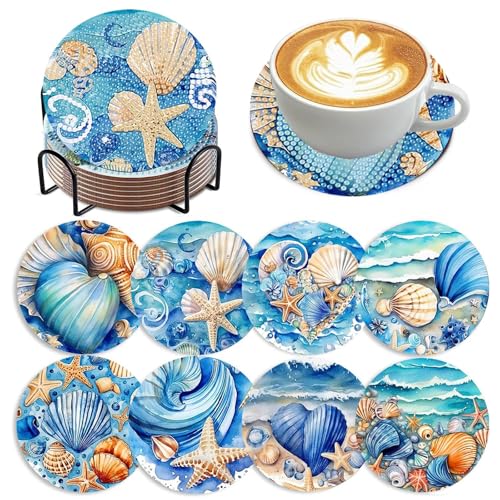 8 Piezas Posavasos de Pintura de Diamantes con Soporte, Posavasos de Diamantes DIY, para Principiantes y Adultos, para Tazas, Bebidas, Café y Té de Bar, Oficina y Cocina (Azul Oceano)