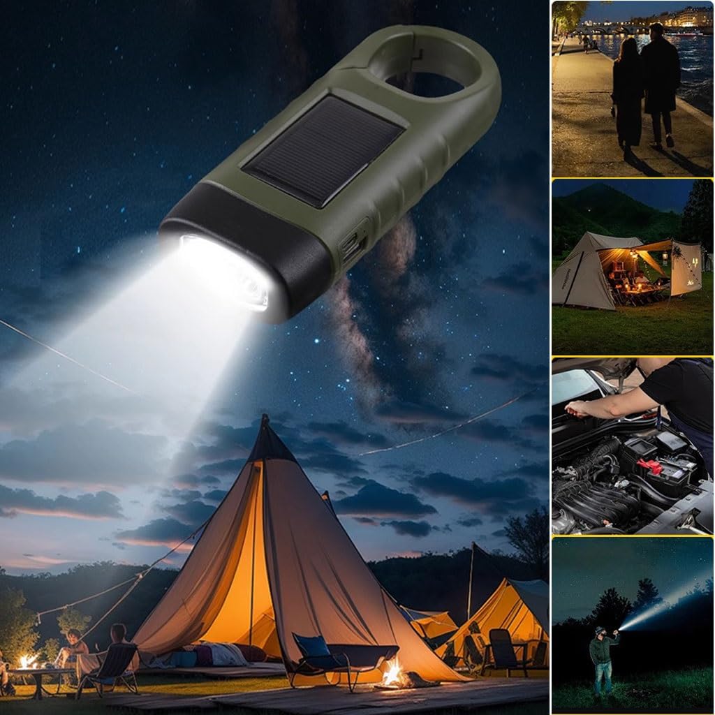 Torcia ad Energia Manuale Torcia elettrica a manovella alimentata ad energia Solare, Piccola Torcia elettrica Portatile a Dinamo, per attività all'aperto, Sport, Escursionismo(Army Green,14.5cm*2)