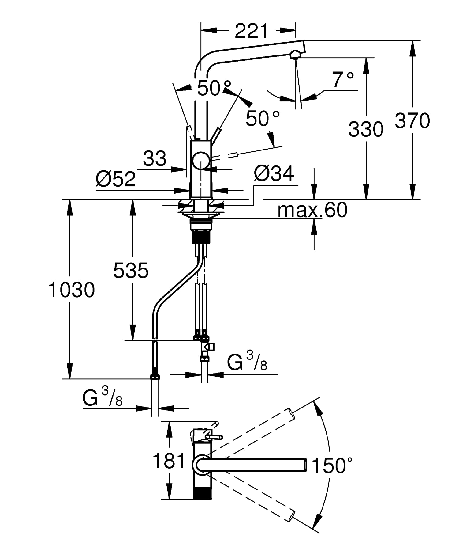 GROHE Minta, Grifo de cocina (caño alto, forma en L, compatible con kits filtración Blue (por separado), menor consumo de agua), cromo, 30600000