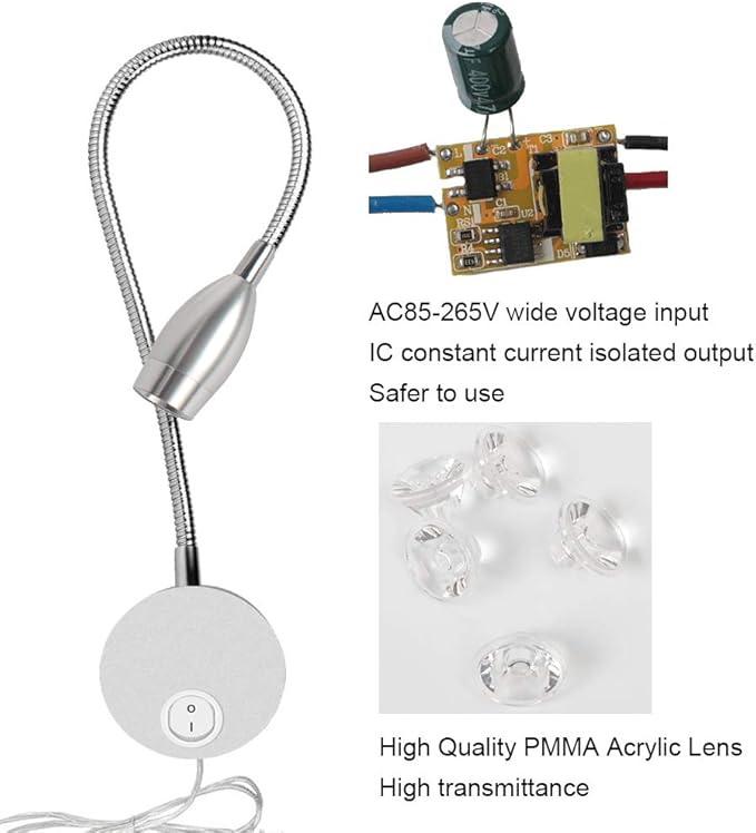 Youngine Youngine 3W leeslamp op bed, flexibele 3W LED-leeslamp met schakelaar en stekker, verstelbare zwanenhals wandlamp voor slaapkamer, kantoor, hotel, woonkamer, 6000K (zilver-koel wit) photo 2