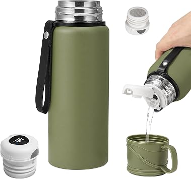 Double wall vacuum Leakproof stainless steel wide mouth insulated water bottle tea tumbler with cup,lid;smart thermoses hot coffee,thermal flask ice drinks with led digital temperature display