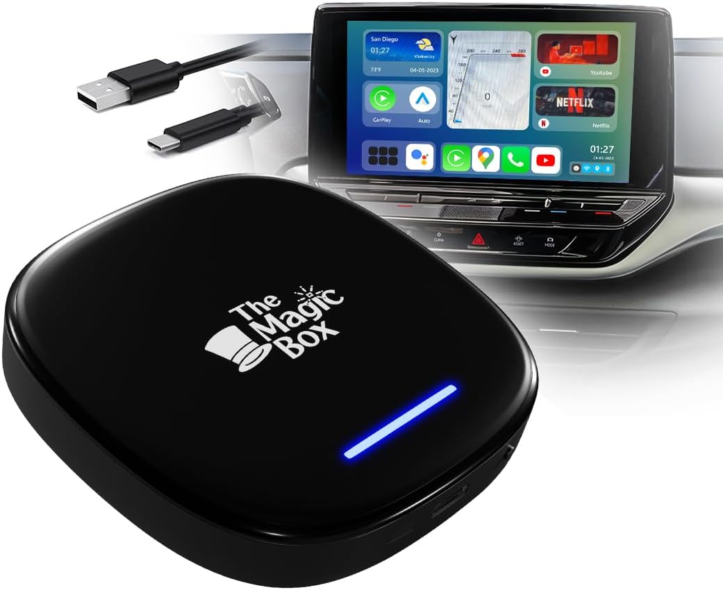 The Magic Box 2.0 (Packaging Error! Says pre-Owned but is, Wireless CarPlay & Android Auto Adapter for Cars with Wired CarPlay, Stream Disney+, Hulu, YouTube, Live Sports, and More