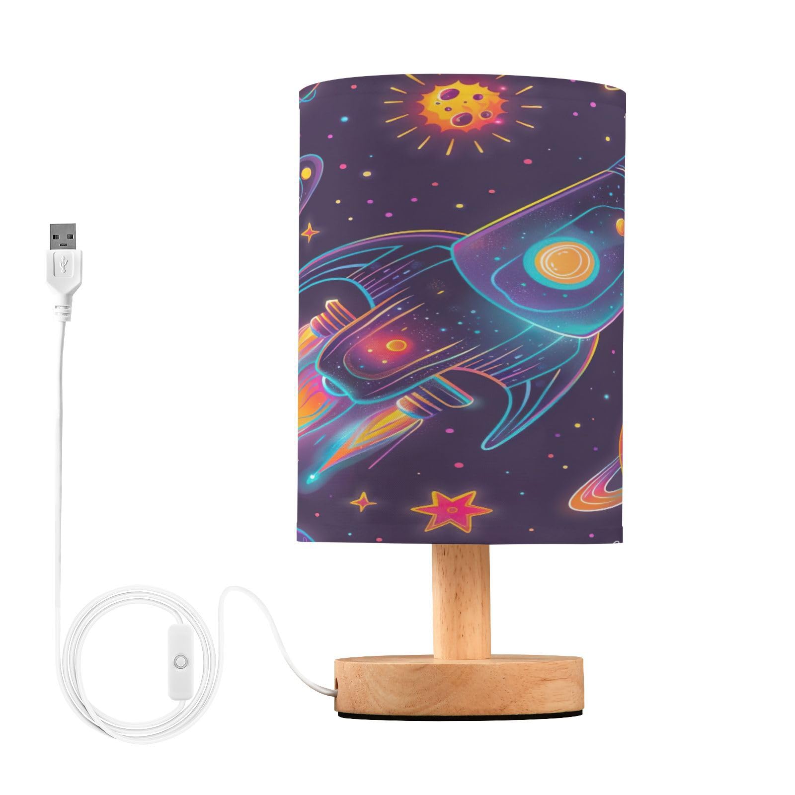 Spack Rocket Bedside Table Lamp for Bedroom Nightstand, Small Eye Care LED Desk Reading Lamp USB Port Wood Base Round Flaxen Fabric Shade for for Kids Room Living Room Office Desk