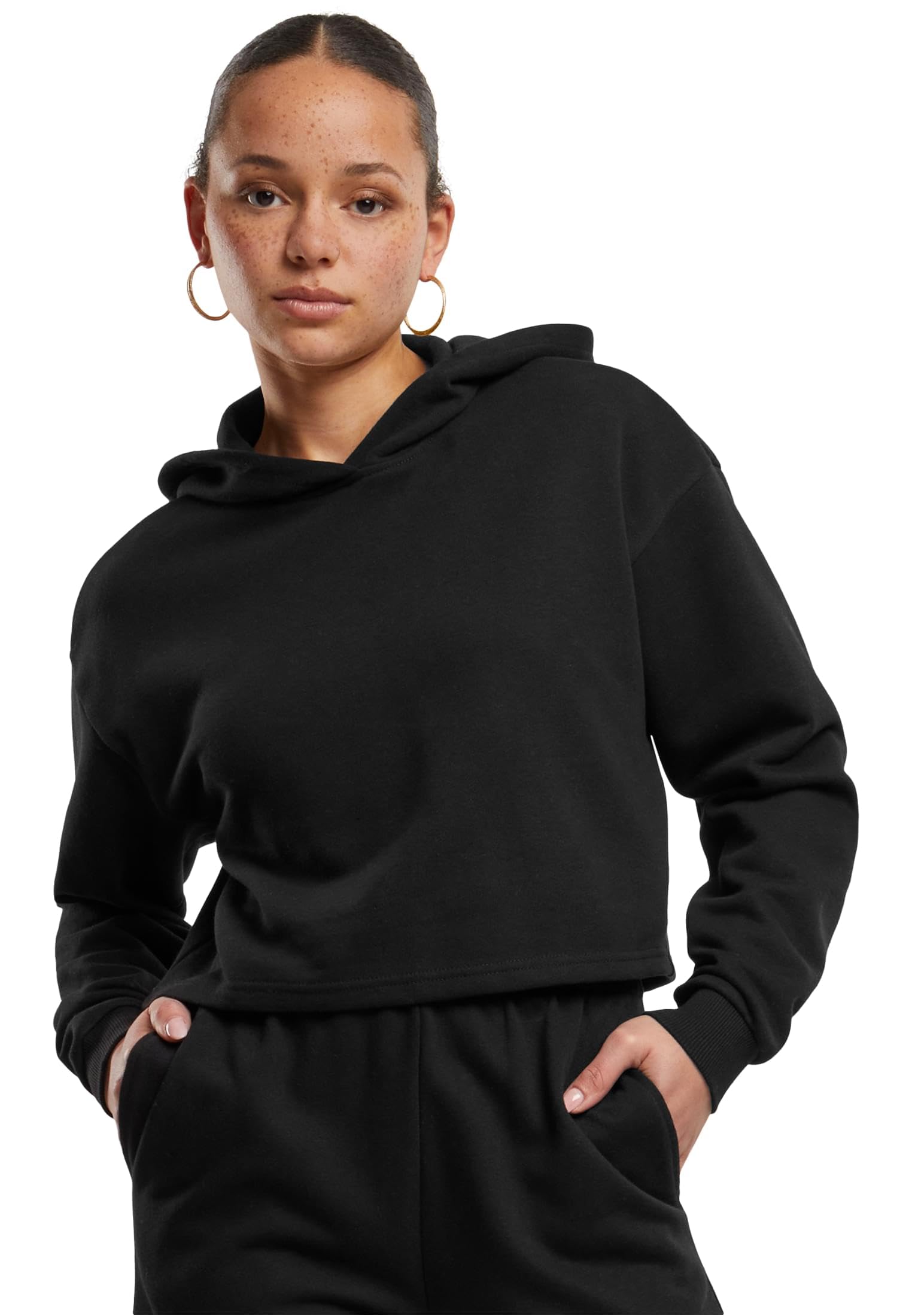 Urban Classics Women's Ladies Oversized Cropped Light Terry Hoodie Hooded Sweatshirt, black, M