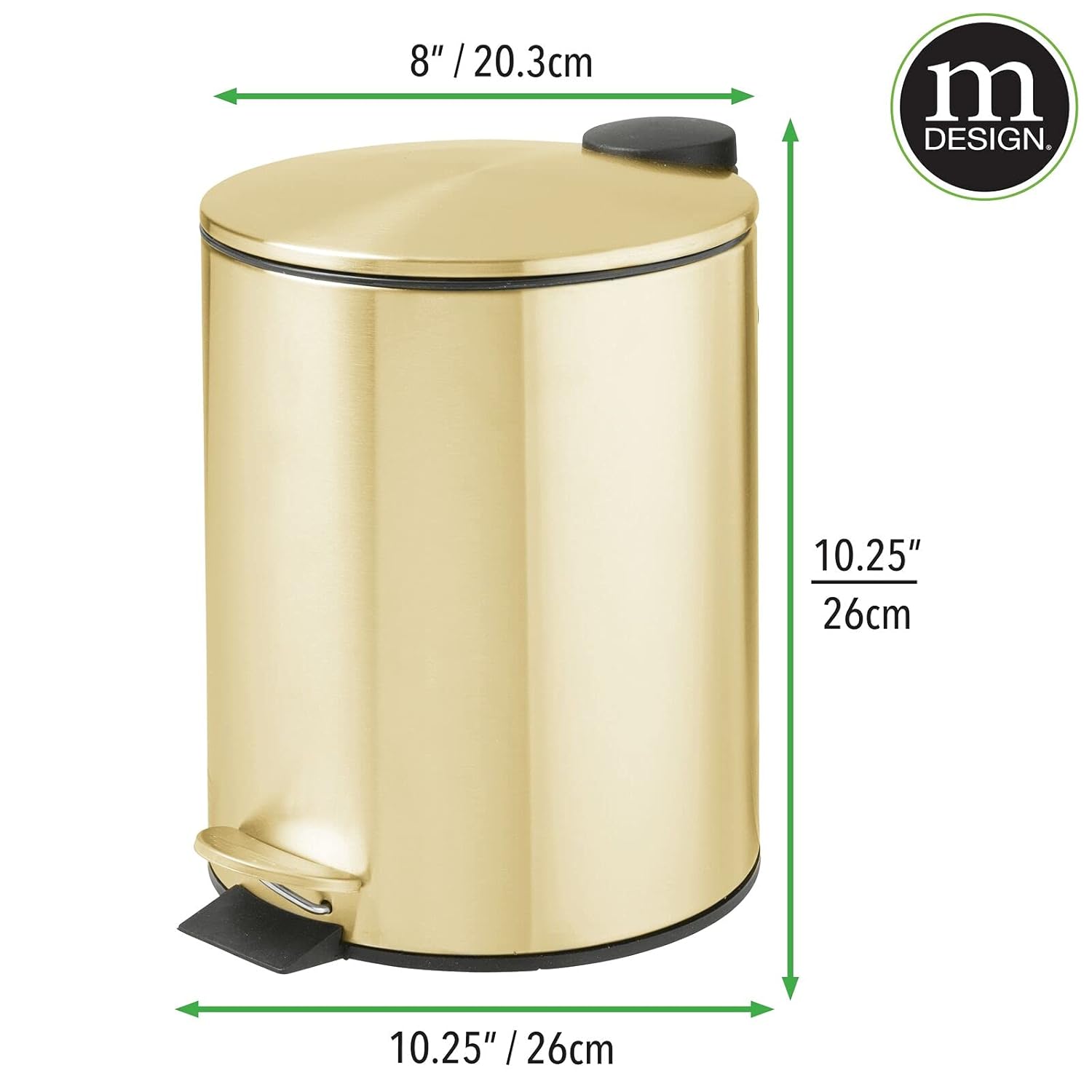 mDesign Metal 1.3 Gallon/5 Liter Round Step Trash Wastebasket, Garbage Container Bin with Lid for Bathroom, Powder Room, Bedroom, Kitchen, Craft Room, Office - Removable Liner Bucket - Soft Brass