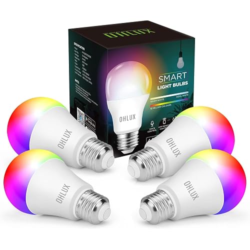 OHLUX Smart WiFi LED Light Bulbs Compatible with Alexa Google Home 900Lumen 100W Equivalent, RGBCW Multi-Color, 2700-6500k Dimmable,Voice Control 9W E26 A19 Color Changing Bulb-4PACK