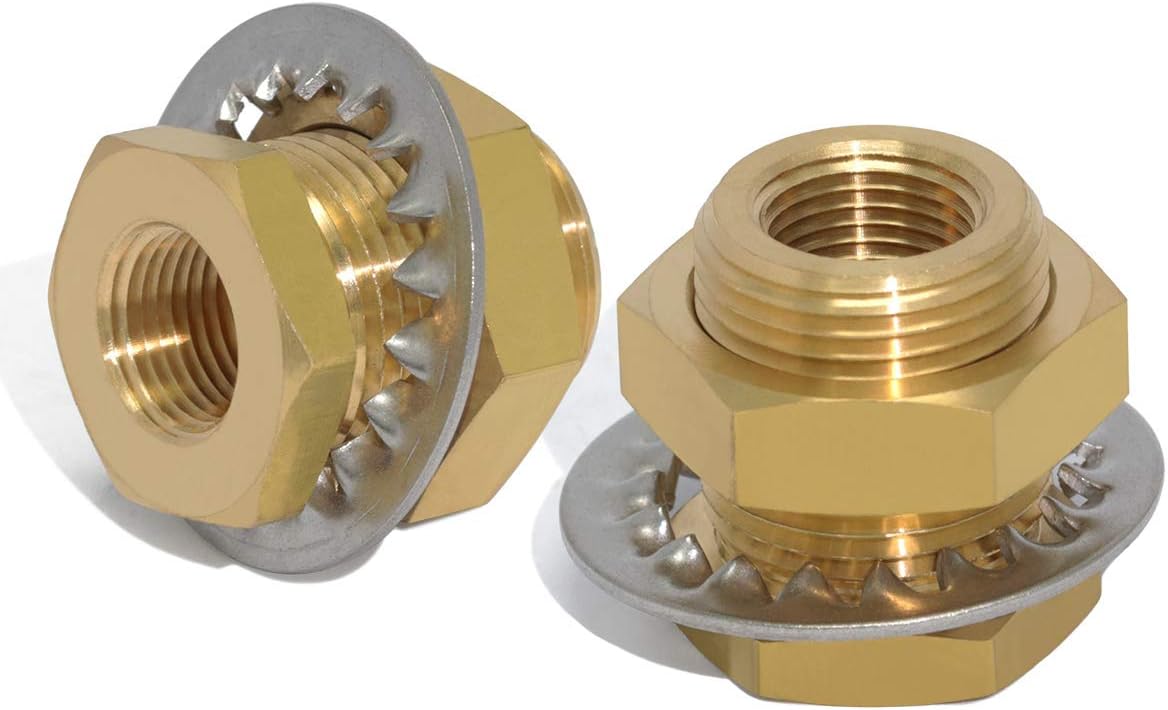 Creative Product KOOTNAS 2-Pack Solid Brass Bulkhead Fittings, 3/8 NPT Taper Female 1" Straight Male Thread Brass Connector with Metal Wave Ring, 1.32" Length Brass Coupling Fitting Creative Product KOOTNAS 2-Pack Solid Brass Bulkhead Fittings, 3/8 NPT Taper Female 1" Straight Male Thread Brass Connector with Metal Wave Ring, 1.32" Length Brass Coupling Fitting