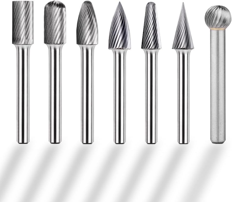 7-Piece Set of Hard Alloy Deburring - 1/4 Inch Handle Diameter Aluminum Rotary Files for Pattern Grinding Machine Drill Bits, Metal Engraving, and Carving - Single Blade Cutting Burrs