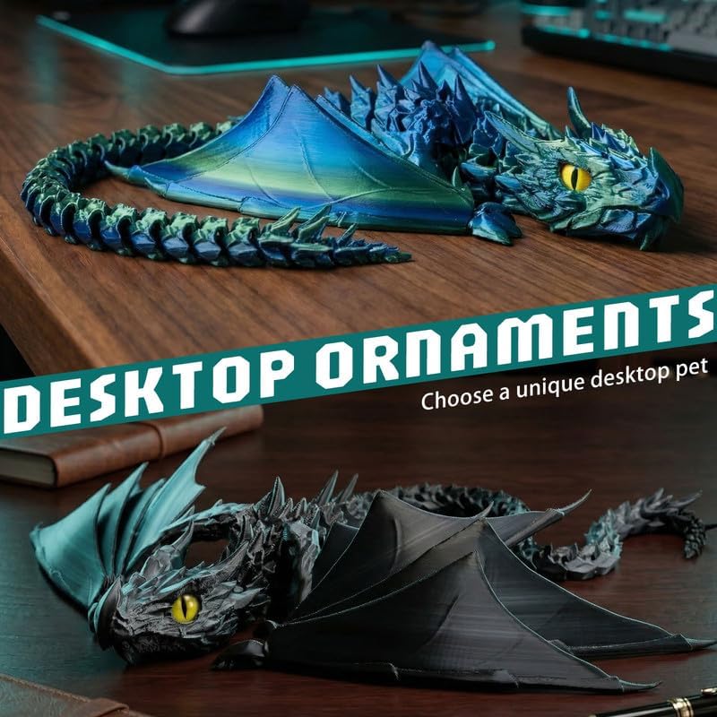 3D Printed Dragon,Winged Articulated Articulated Dragon with Movable Joints，Creative Desk Decor Office Desktop Pet, Fantasy Animal Model Gift (Black Green)