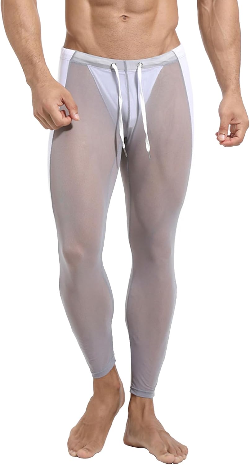 Lejafay Men's Sheer See Through Leggings Tights Smooth Low Rise Bulge Pouch Pants Workout Underwear