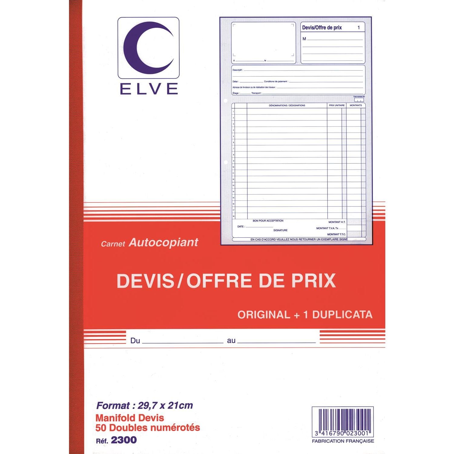 ELVE Lot de 5 Manifolds Devis - Offre de Prix A4 297 x 210 mm 50 Feuillets Dupli