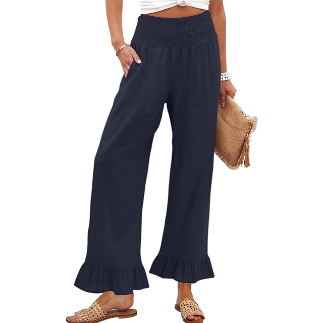Wide Leg Linen Pants Women Smocked High Waisted Palazzo Pants Lightweight Baggy Boho Beach Lounge Trousers w Pockets
