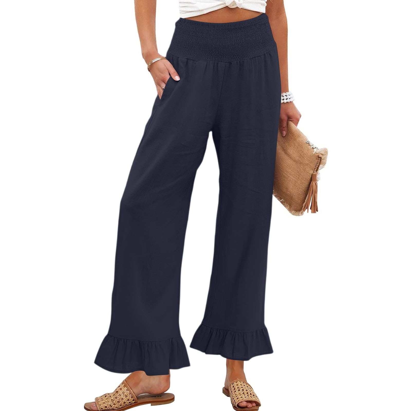 HswsEJ Wide Leg Linen Pants for Women Smocked Waist Ruffle Flowy Summer Pants Beach Casual Cropped Palazzo Trousers with Pockets Pull on Dress Plus Size Boho Pant Tummy Contro Lightweight Travel Pant