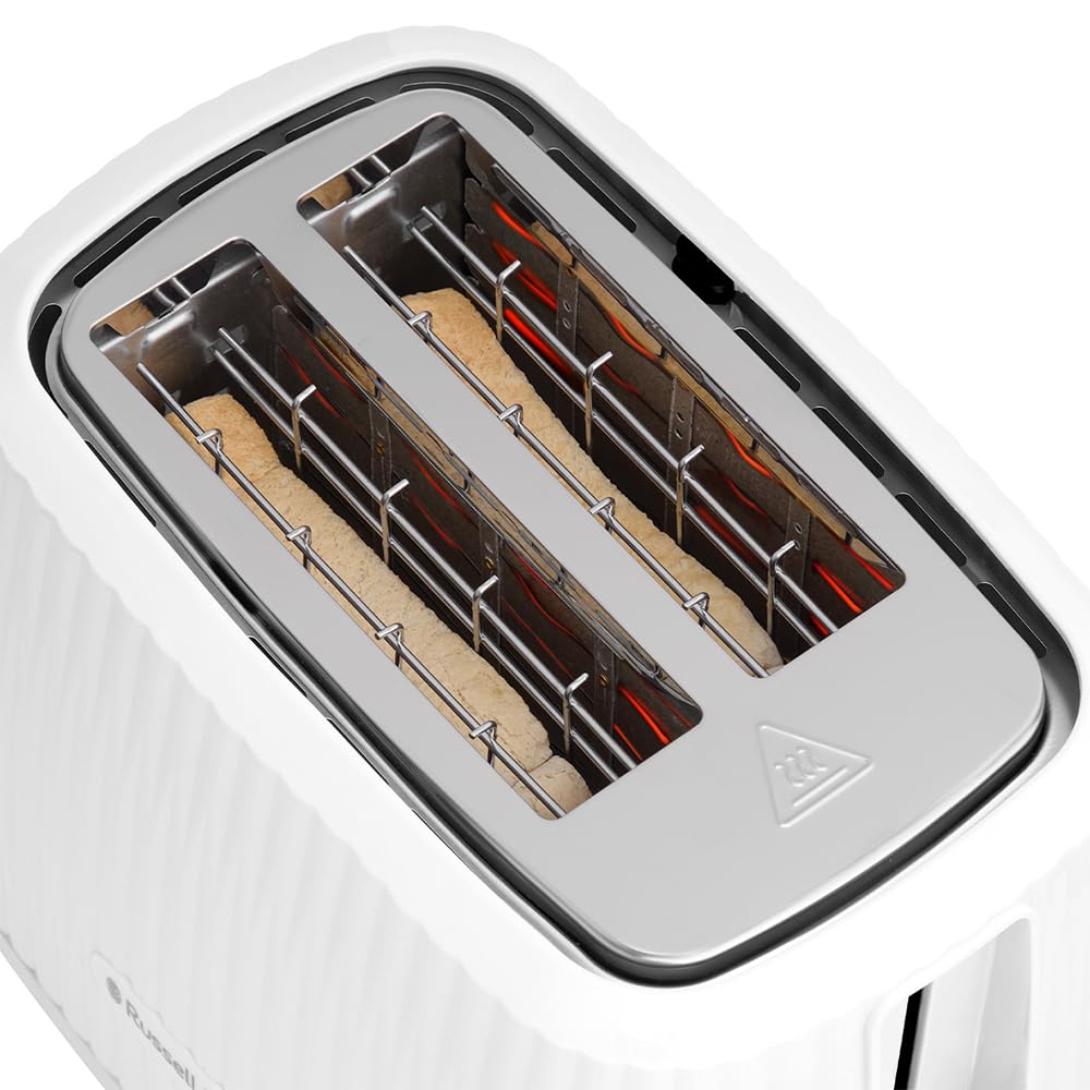 Russell Hobbs Tostapane 2 Fette (6 Gradi di Doratura, con Pinze, Scongela, Riscalda, Cancella Selezione, Vassoio Raccogli Briciole, Riscalda Panini Incluso, Esterno Testurizzato) Eden Bianco 27370-56