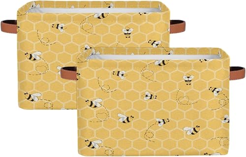 TropicalLife Cestas de almacenamiento con patrón de abejas amarillas, paquete de 2 contenedores de almacenamiento con asas de cuero, panales de