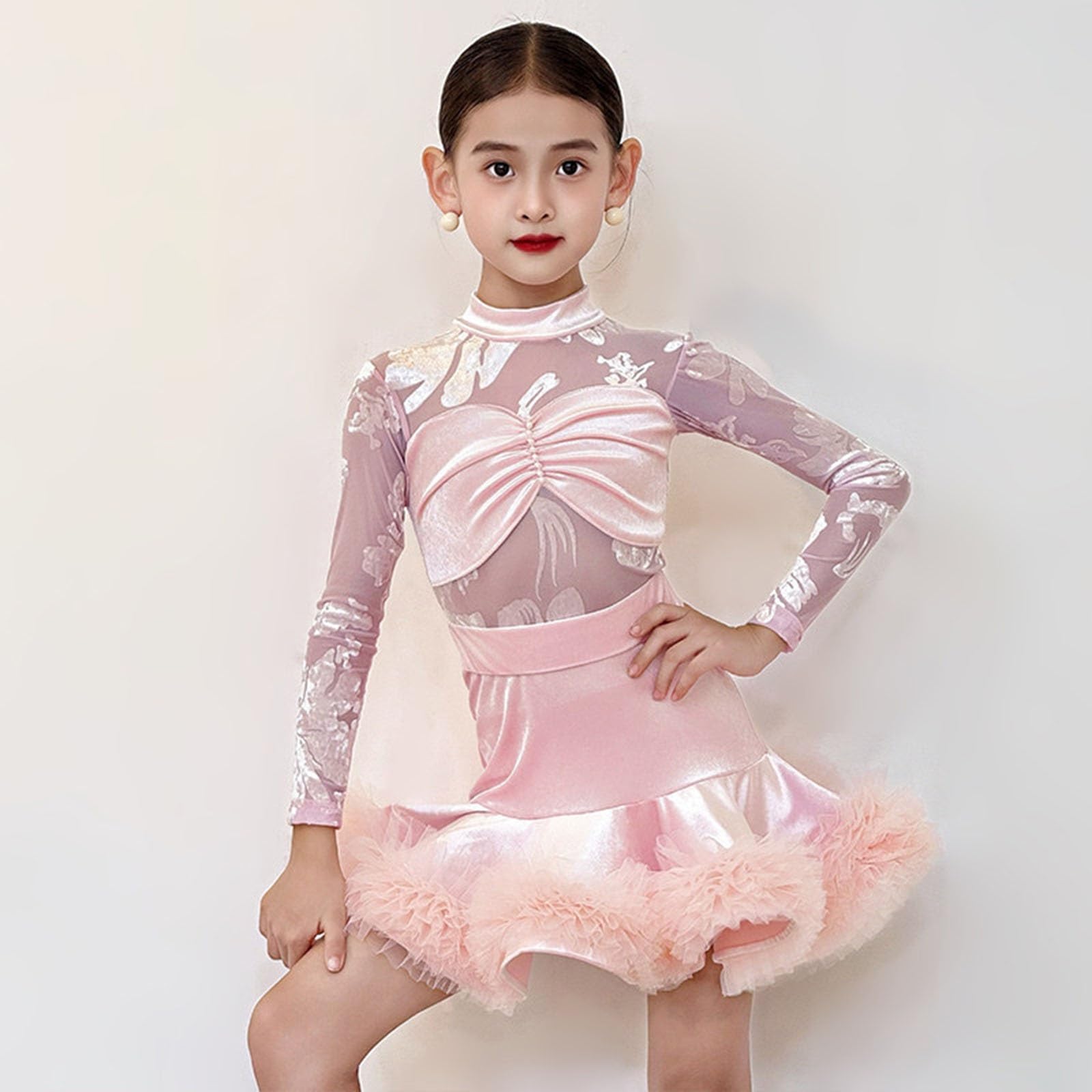 Vestido De Baile Latino De Manga Larga For Niña Leotardo Con Falda De Tul