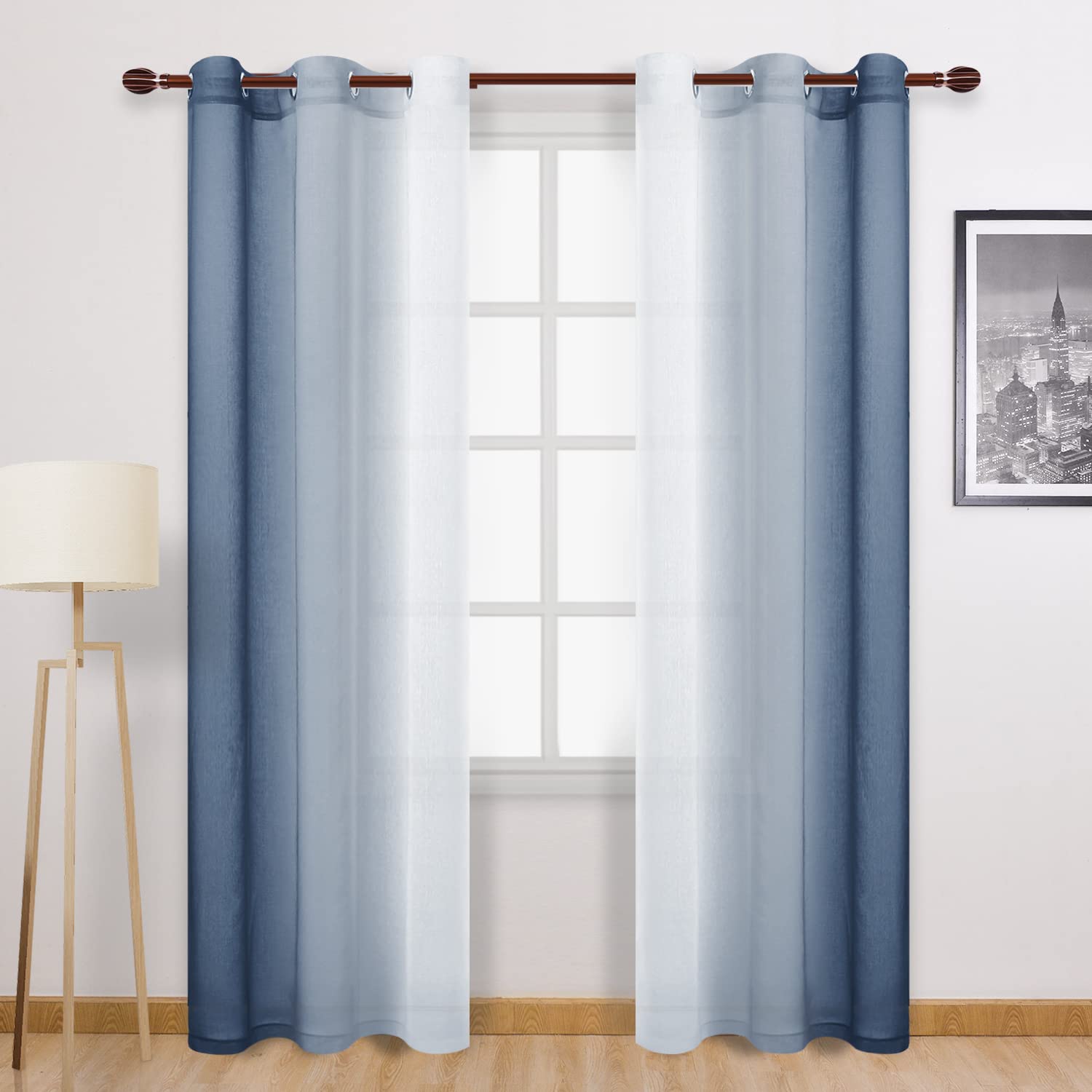 DWCN Blue Faux Linen Ombre Sheer Curtains - Gradient Semi Voile Curtains for Bedroom and Living Room, Set of 2 Grommet Top Window Curtain Panels, 42 x 84 Inches Long, Denim Blue