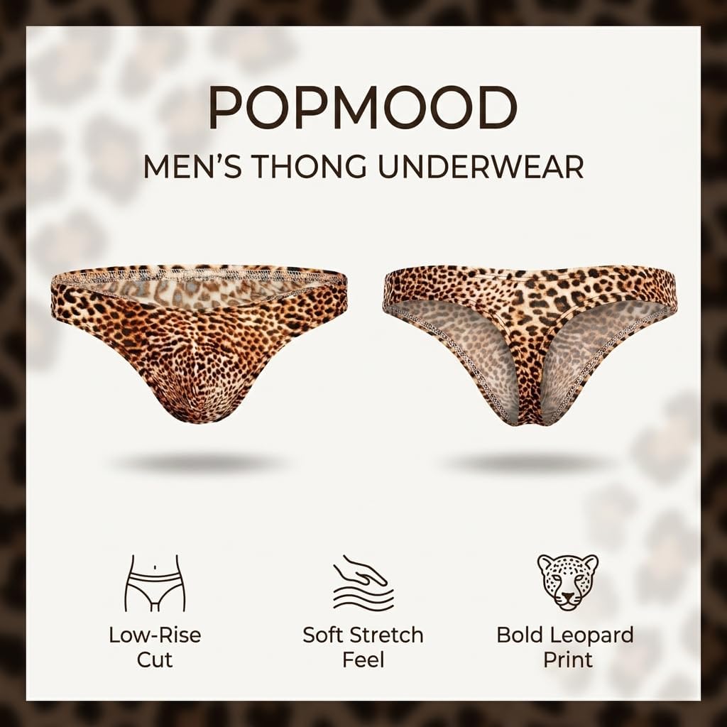Men's Sexy Leopard Print T-Back Thong, Wild Animal Pattern G-String Underwear Low Rise Bulge Pouch G-Strings