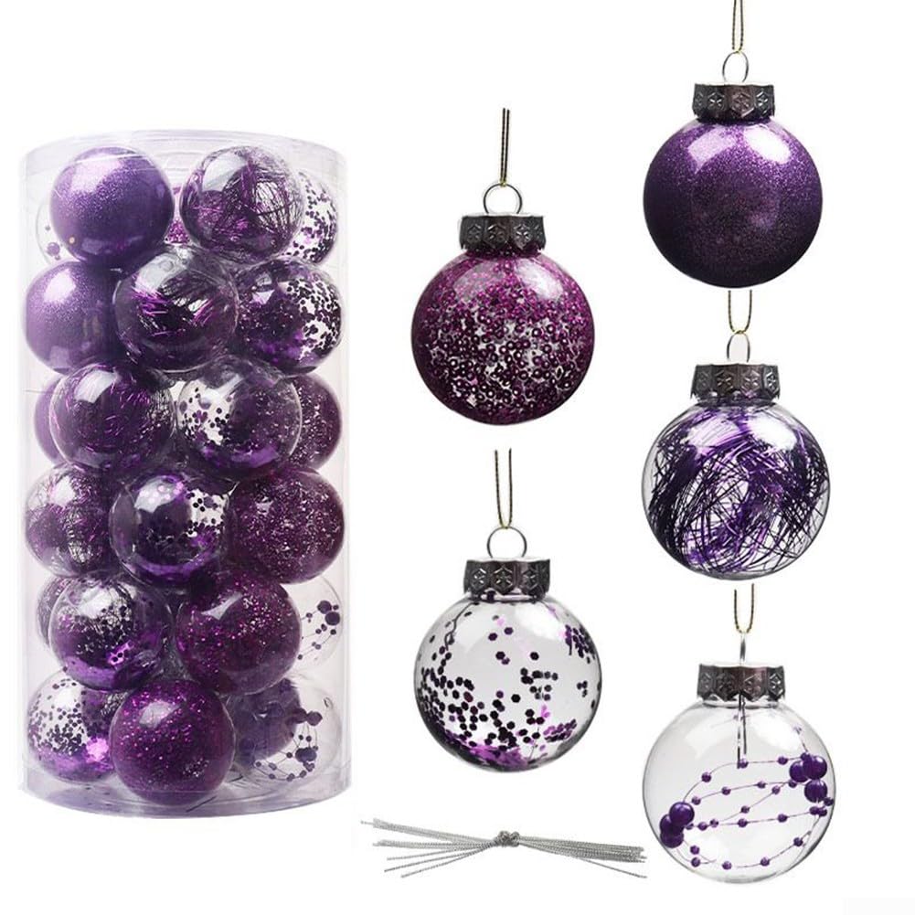 ZAMETTER 6cm Christmas Baubles 30 Pcs Shatterproof Glitter Hanging Balls Orn-aments for Xmas Tree Wedding Anniversary Party Home Decoration Plastic Red Gold Silver Blue Purple White(purple)