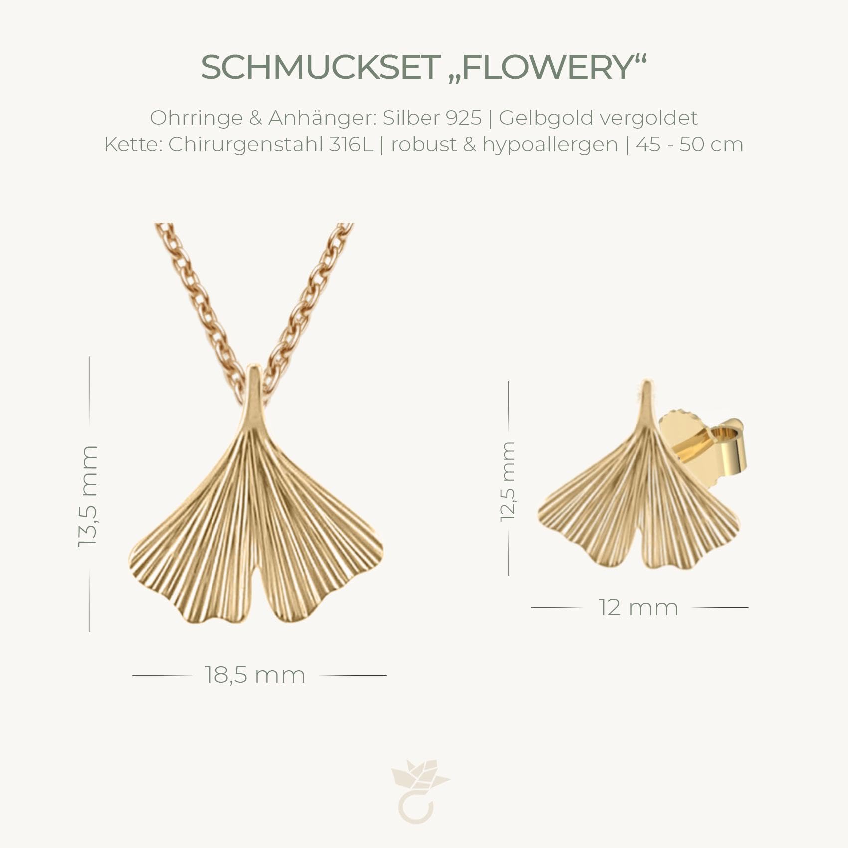 Ginkgoblatt Schmuckset Anhänger und Ohrstecker in Gold hochwertig vergoldet! *inkl. Luxus-Etui + * Kettenanhänger Damen Gingko Ohrstecker Gingko Blatt glänzend Ohrring FF200 VGGG45