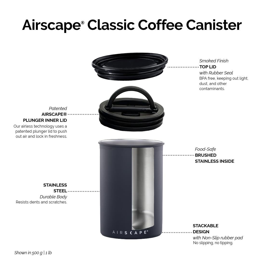 Planetary Design Airscape Boîte à café en acier inoxydable | Boîte de conservation pour aliments | Couvercle hermétique breveté | Conservation de l'air excessif de fraîcheur alimentaire (moyen,
