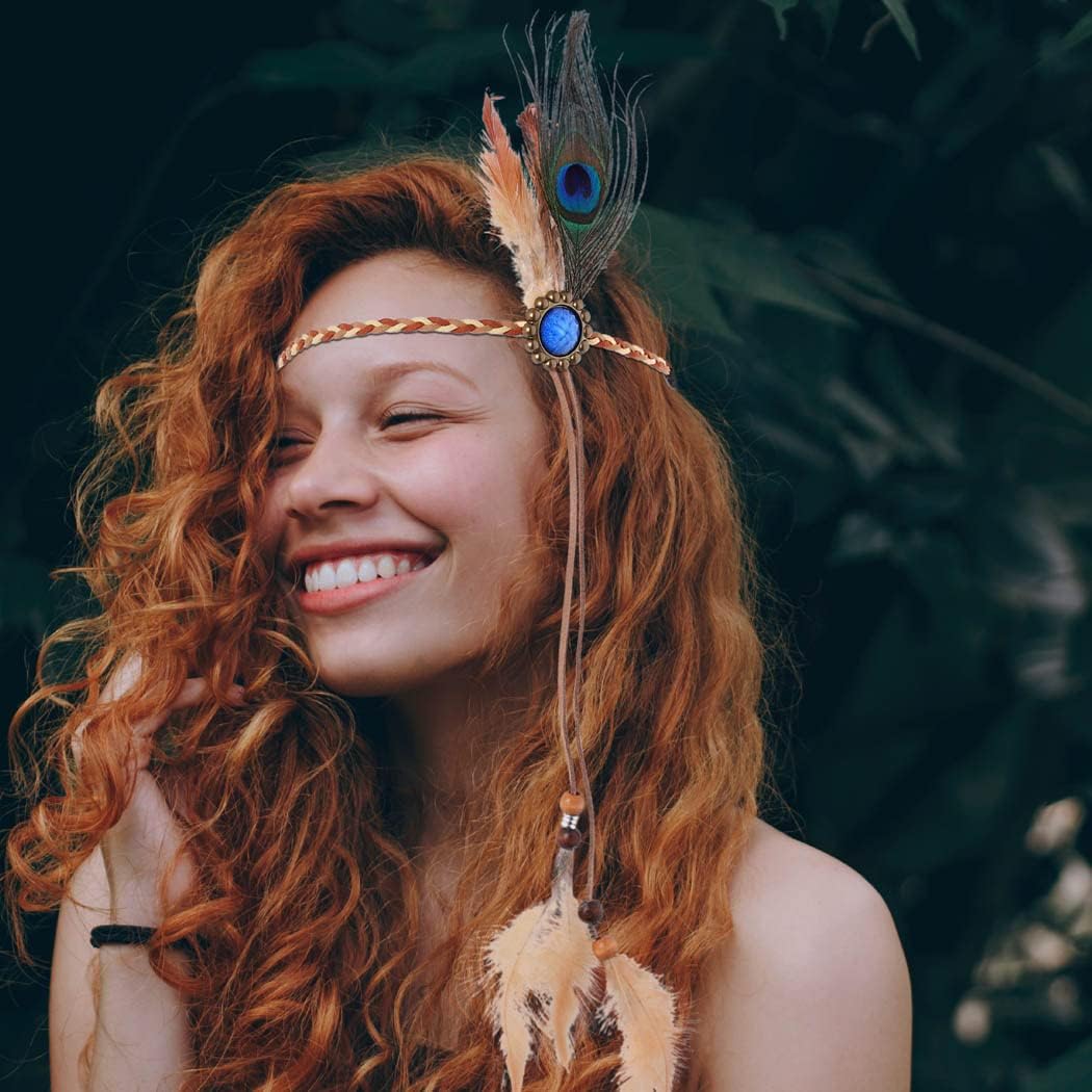 Miniatura 4 de GORTIN Diademas indias de plumas de pavo real diadema gitana hippie con diamantes de imitación diadema de plumas bohemias diadema para festivales y