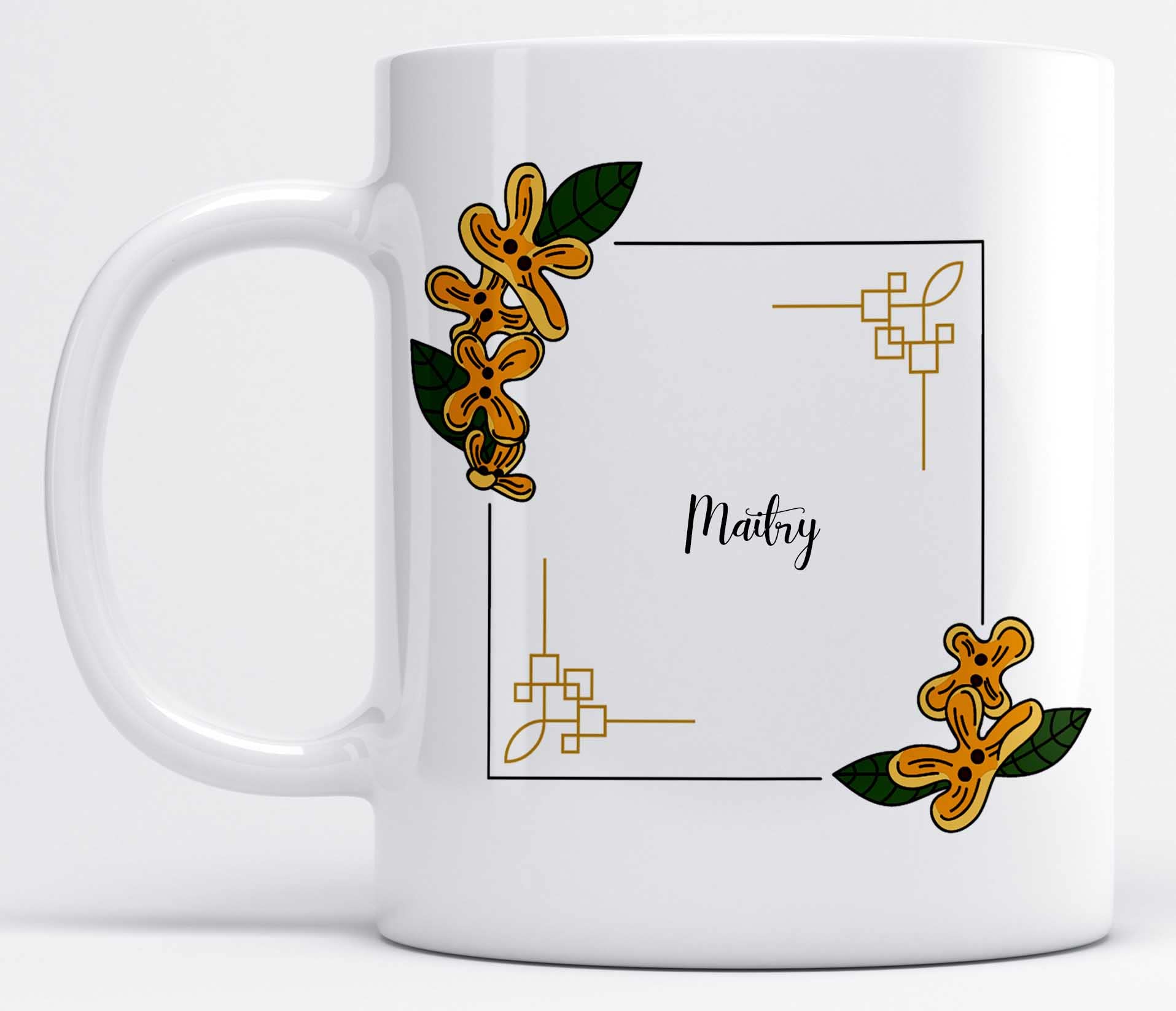 LOROFY Name Maitry Printed Yellow Flower & Leaves Design Ceramic Coffee Mug (350ML)