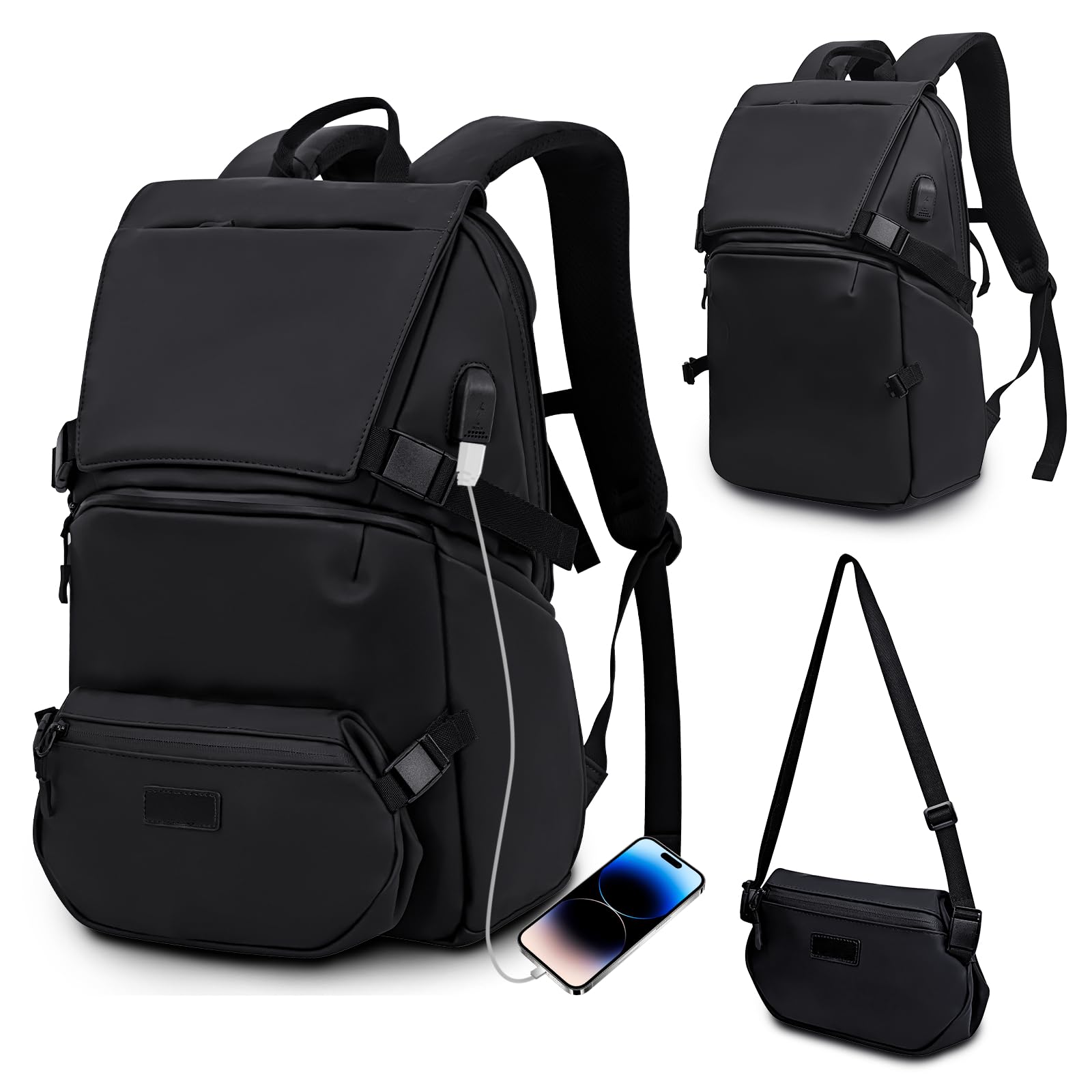 KINGSLONG Zaino da viaggio Business 2 in 1 zaino leggero da 15,6 pollici, marsupio rimovibile, impermeabile, antifurto, nero, ideale per viaggi, lavoro e uso quotidiano