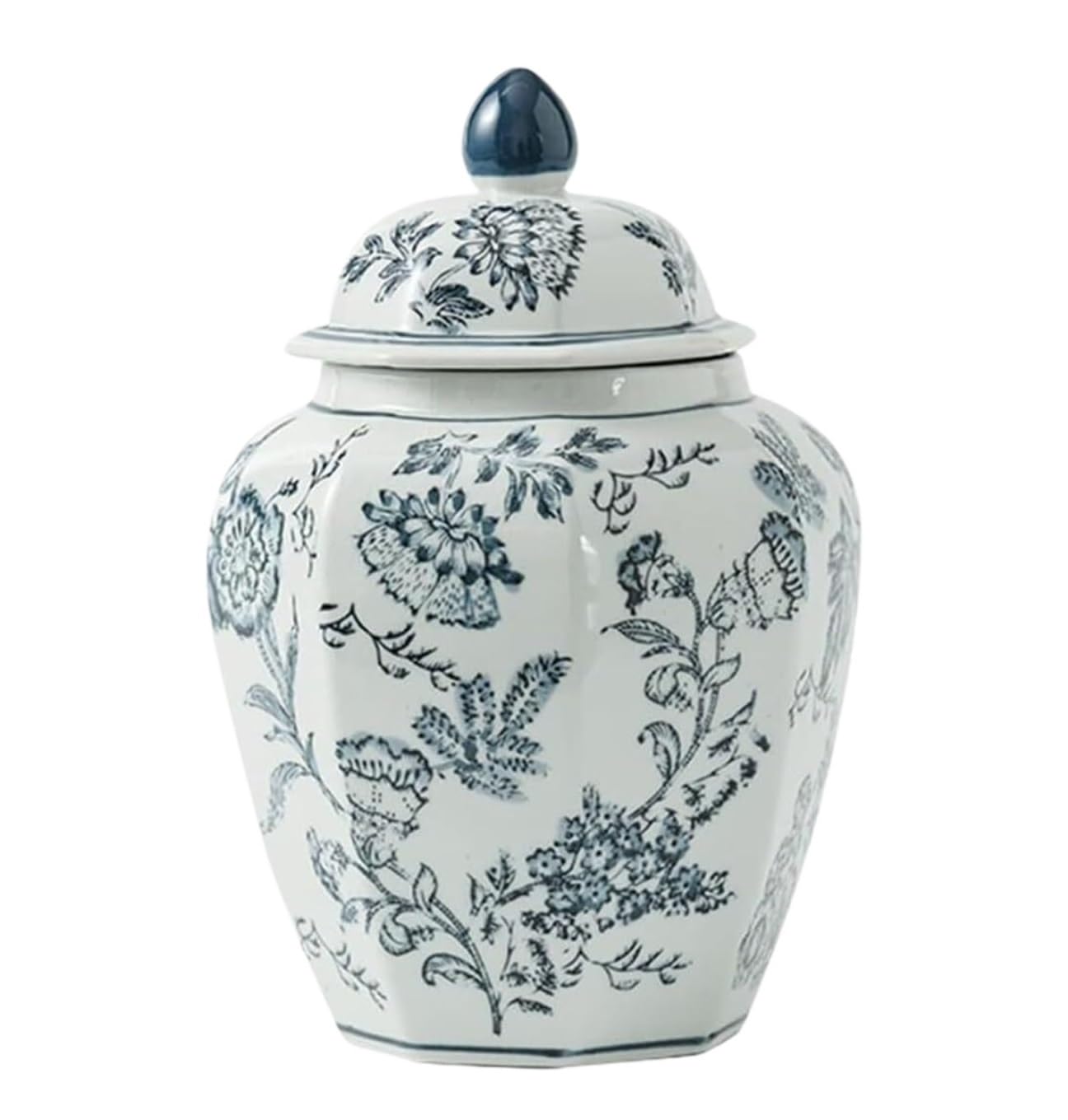 Chinese Style Decorative Jar White And Blue Porcelain Vases Ginger Jar Floral Chinoiserie With Lid Octagonal Flower Display(19 * 29.5cm)