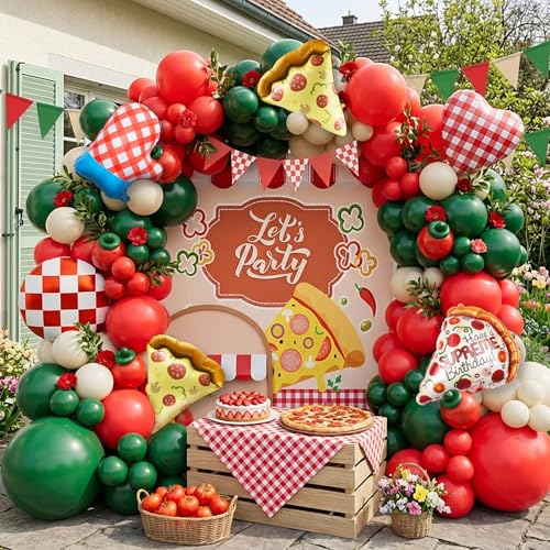 Bonropin Pizza Party Balloon Arch Kit Pizza Party Decorations Kit with Red Dark Green White Latex Balloon arch Checkered and Pizza Gloves Foil Balloons for Birthday Game Night Italian Theme Decor