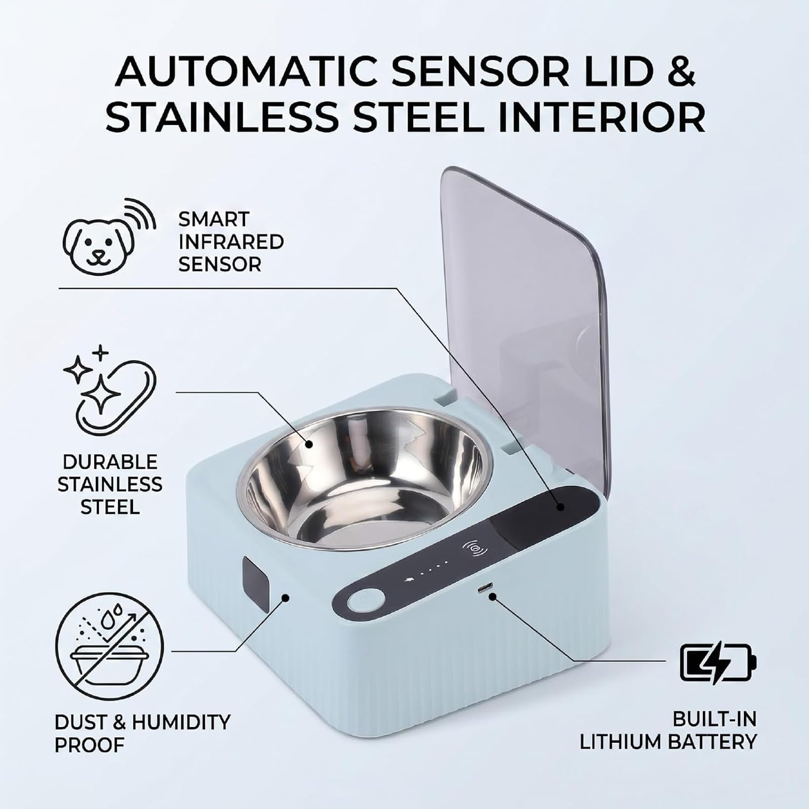 Automatic Pet Feeder Bowl with Sensor Lid Stainless Steel Cat Dog Bowls，1pc