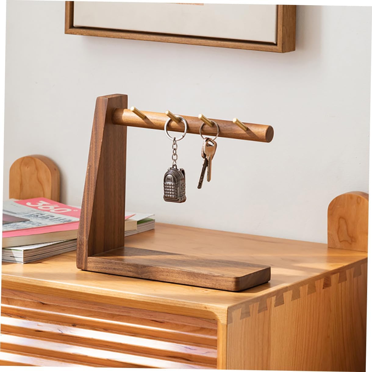 Operitacx Solid Wood Key Holder Wall Mount Walnut Entryway Key Rack Retro Hooks Practical Home Organization