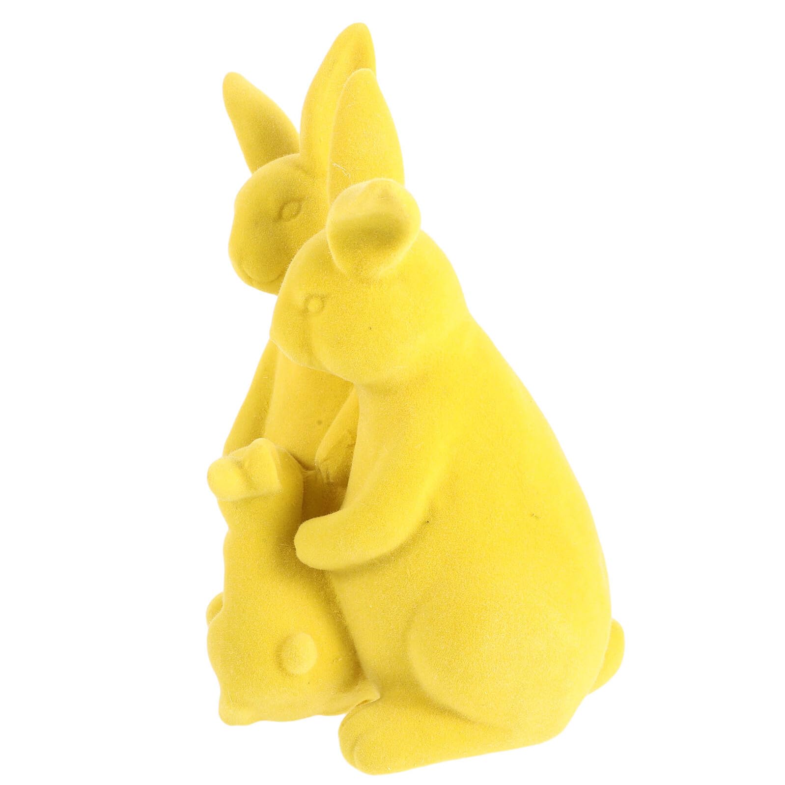 Lurrose Figuras de Conejos de Pascua Flocadas en Amarillo, Decoración Familiar de 3 Piezas para Mesa y Jardín, Esculturas de Resina para Centro de Mesa y Decoración del Hogar