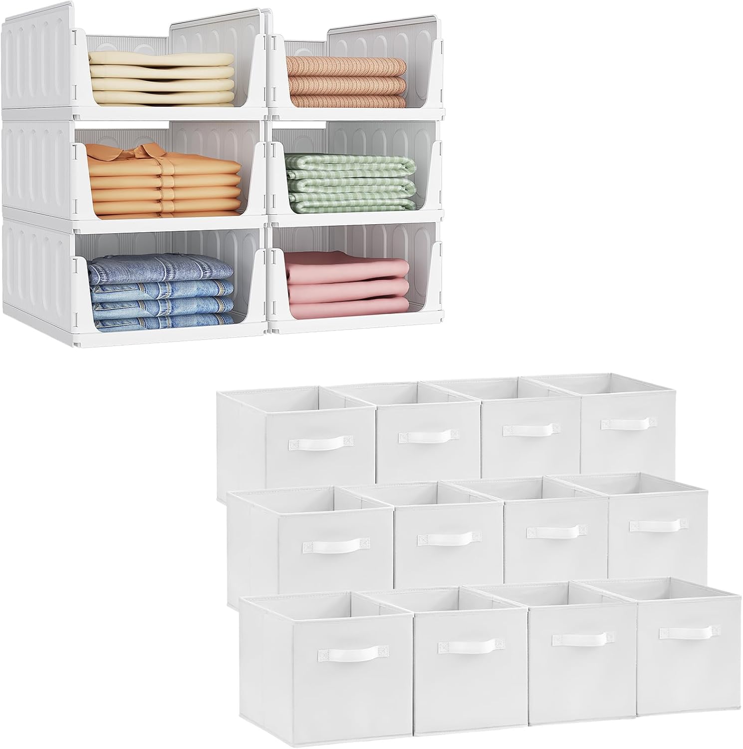 Lifewit 6 Pack Stackable Closet Organizers and 12 Packs 11 Inch White Foldable Storage Cubes, Multifunctional Organizers for Wardrobe, Bedroom, Kitchen, Office & Dorm