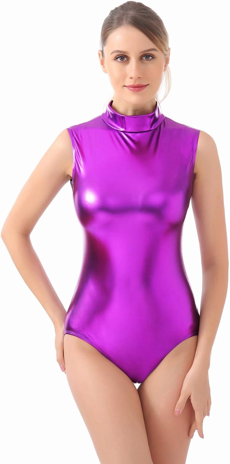Kepblom Women's Sleeveless Shiny Metallic Leotard Sparkly Turtleneck Bodysuit