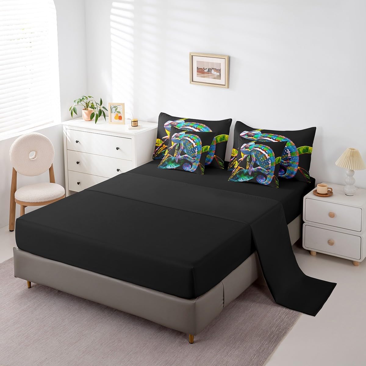 Erosebridal 7 Piece Chameleon Comforter Set Full Colorful Lizard Bed in A Bag Wildlife Sheet Set for Kids Boys Adults,Jungle Leaves Animal Bedding Set Reversible Black Bed Set
