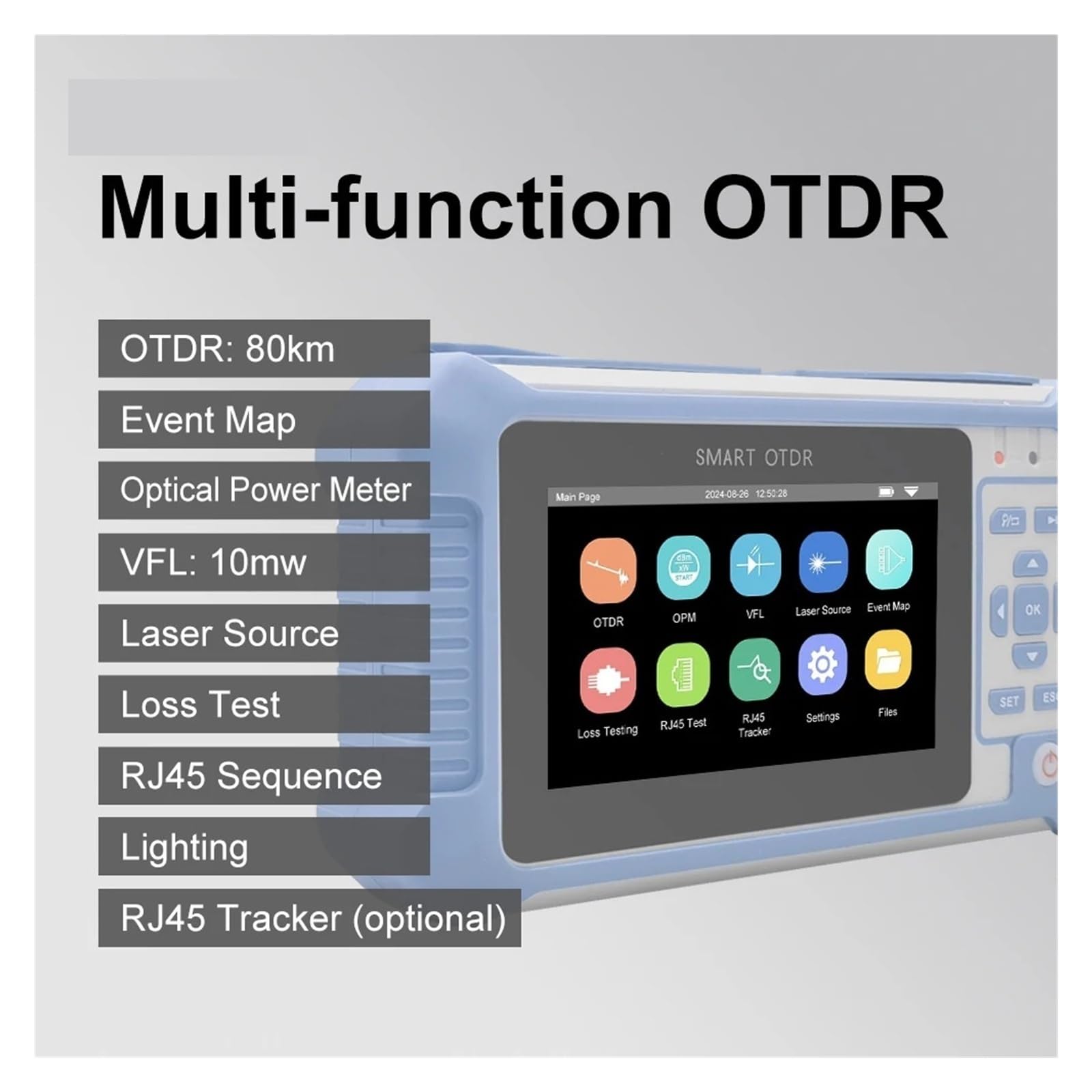 Réflectomètre optique portatif dans le domaine temporel, OTDR intelligent 1310/1550nm 24/22db 80km avec VFL OPM OSL(1310nm upc)