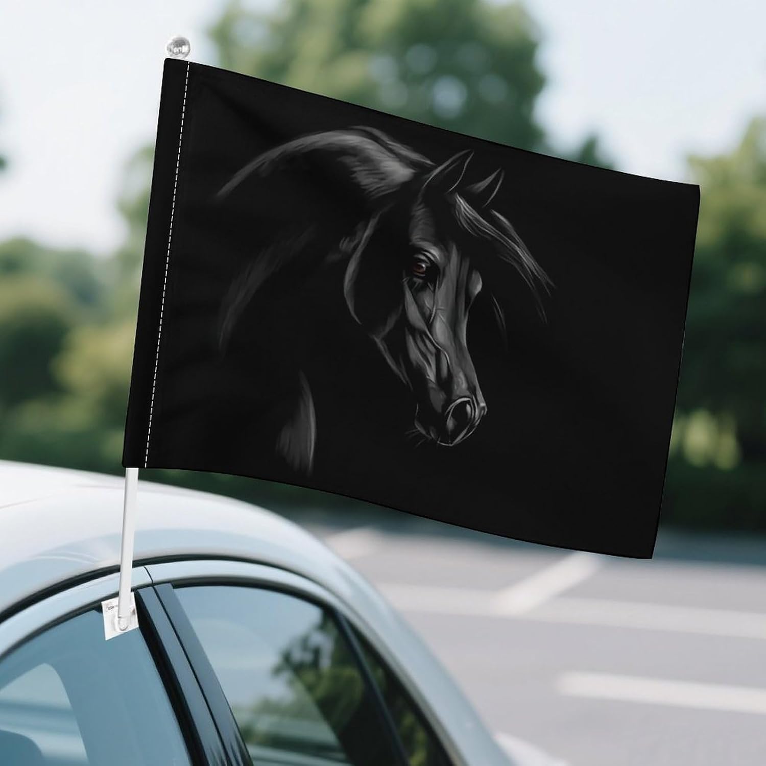 Black Arabian Horse Car Flag Polyester Clip Flags Mini Handheld Banners for Auto Outside Travel Decor image 4