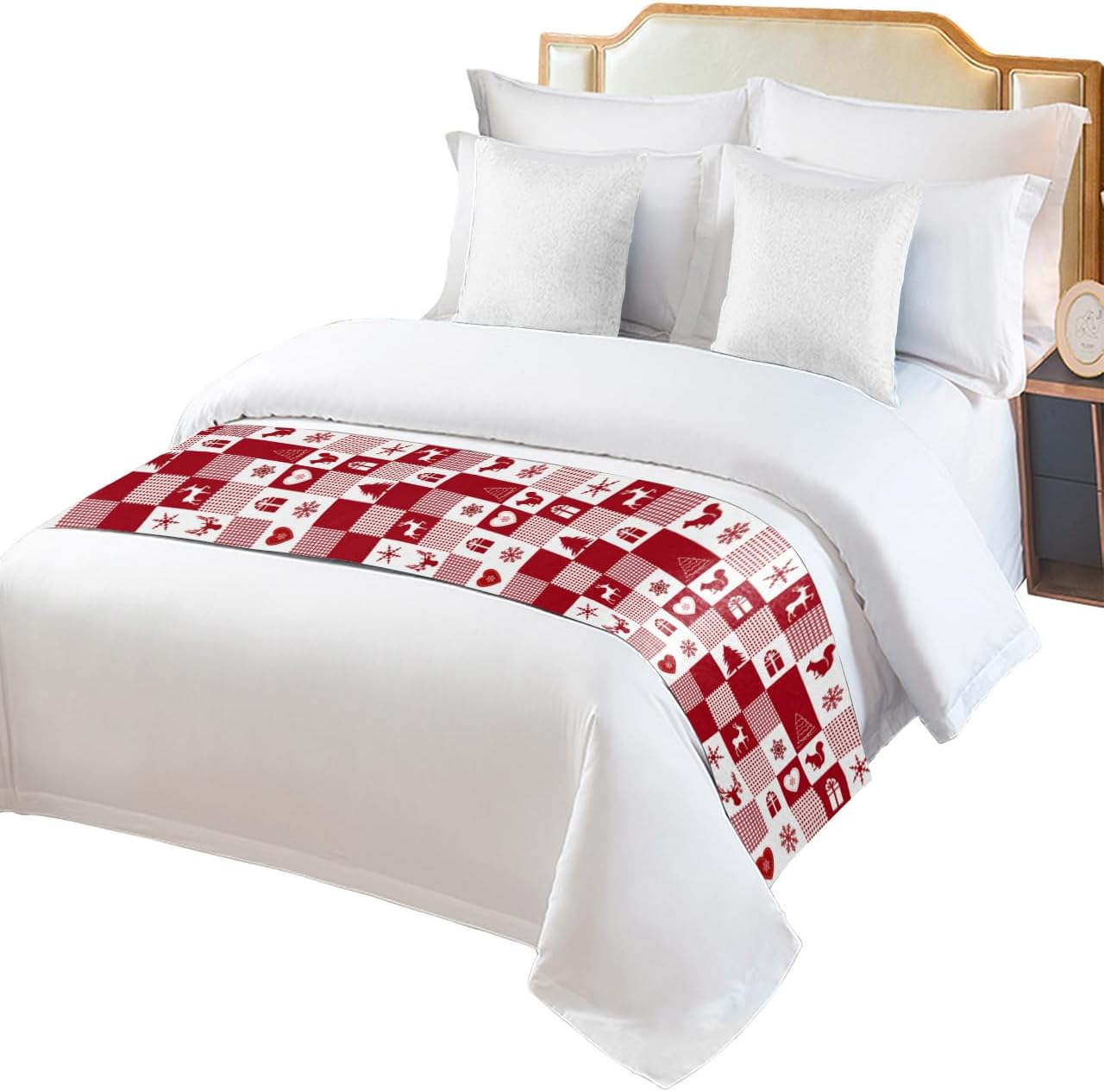 Teamery Bed Runners & Scarves, Christmas Tree Elk Snowflake and Red Lattice Bed Runner, Bed Scarf Protector Decorative Accent Bedding Scarf for Hotels Homes and Guestrooms, 102 x 20 inches