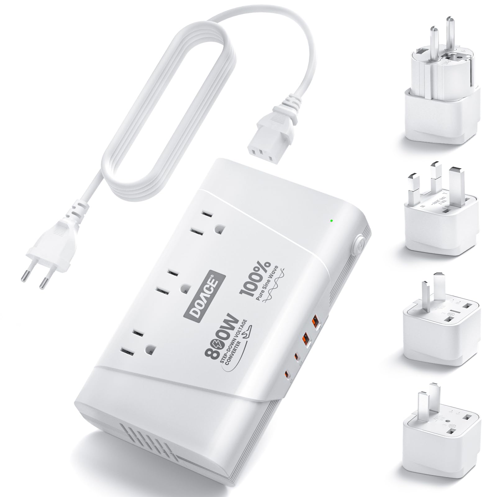 DOACE 800W Universal Travel Adapter: 220V to 110V Pure Sine Wave, EU Step-Down Transformer for 200+ Countries, 3 Outlets & 4 USB, Compatible with Phones, Hair Straighteners, Cameras, Laptop-image-29