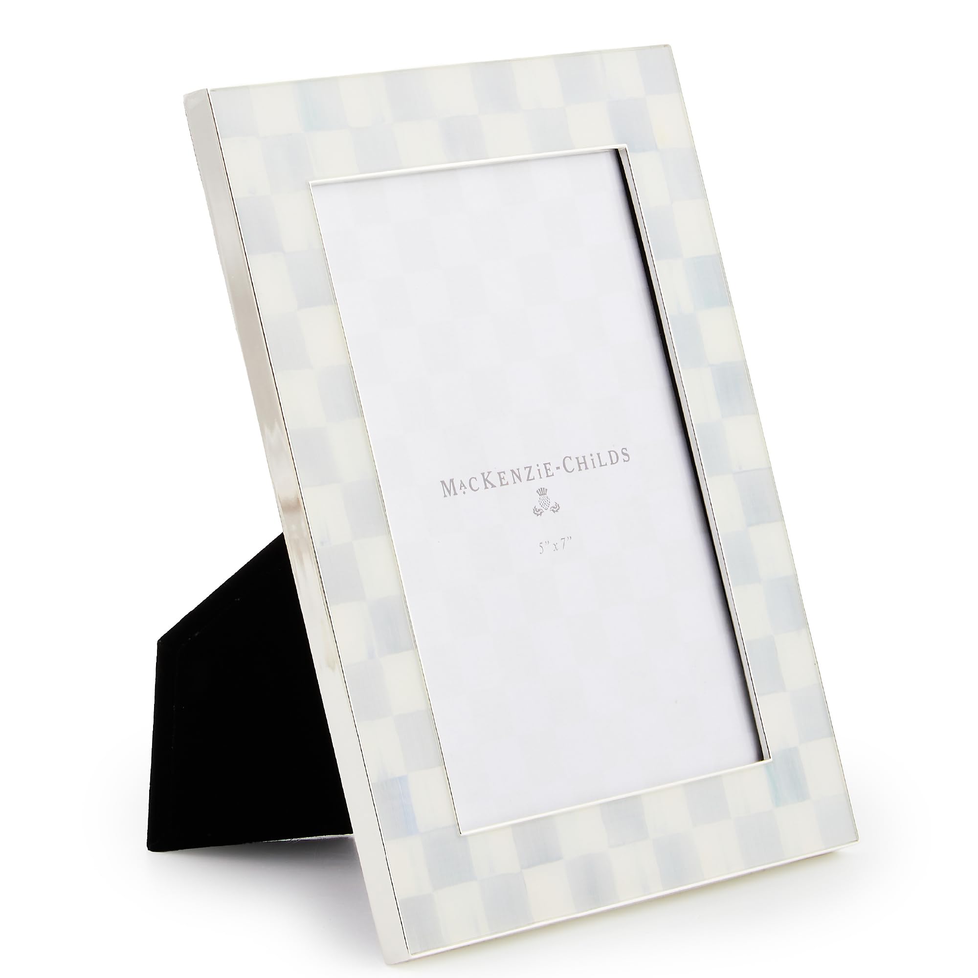 MACKENZIE-CHILDS Silver-Plated 5x7 Frame, Cute Rectangle Family Picture Frame, Gray-and-White Sterling Check