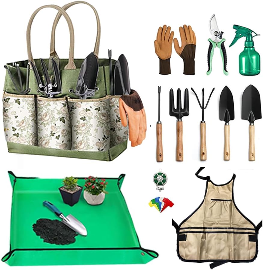 Gardening Hand Tools,14 Pieces Stainless Steel Heavy-Duty Gardening Hand Tools with Delicate Storage Bag, Aprons and Anti-Slip Rubber Gloves, Ideal Gardenings Gifts for Women